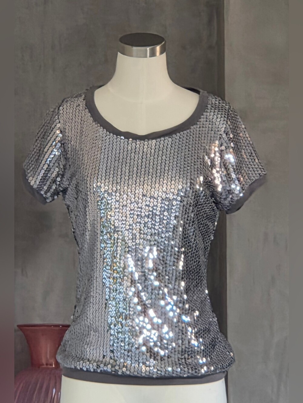 August silk Silver Sequin Short-Sleeve Tee NWOT